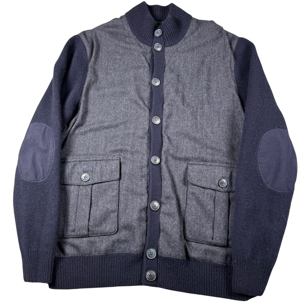 Alan Paine Sweater Men 44 Herringbone Cardigan Wool Tweed Mock Neck Elbow Patch